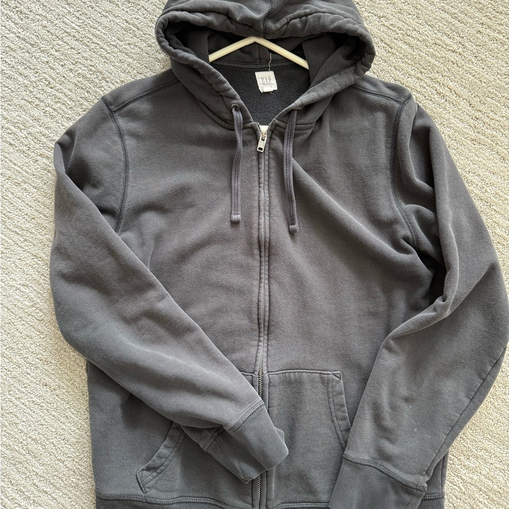 GAP Gray Zip Up Sweater with Hood and Ribbed Cuffs Large Tall